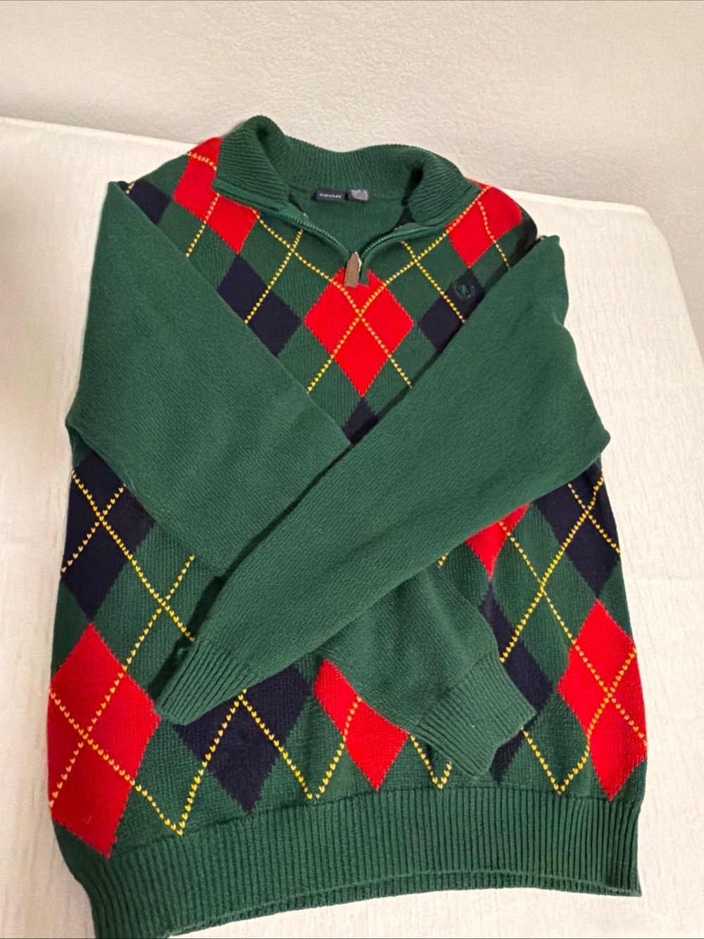 Izod Green Argyle Zip-Up Sweater with Red and Navy Diamonds